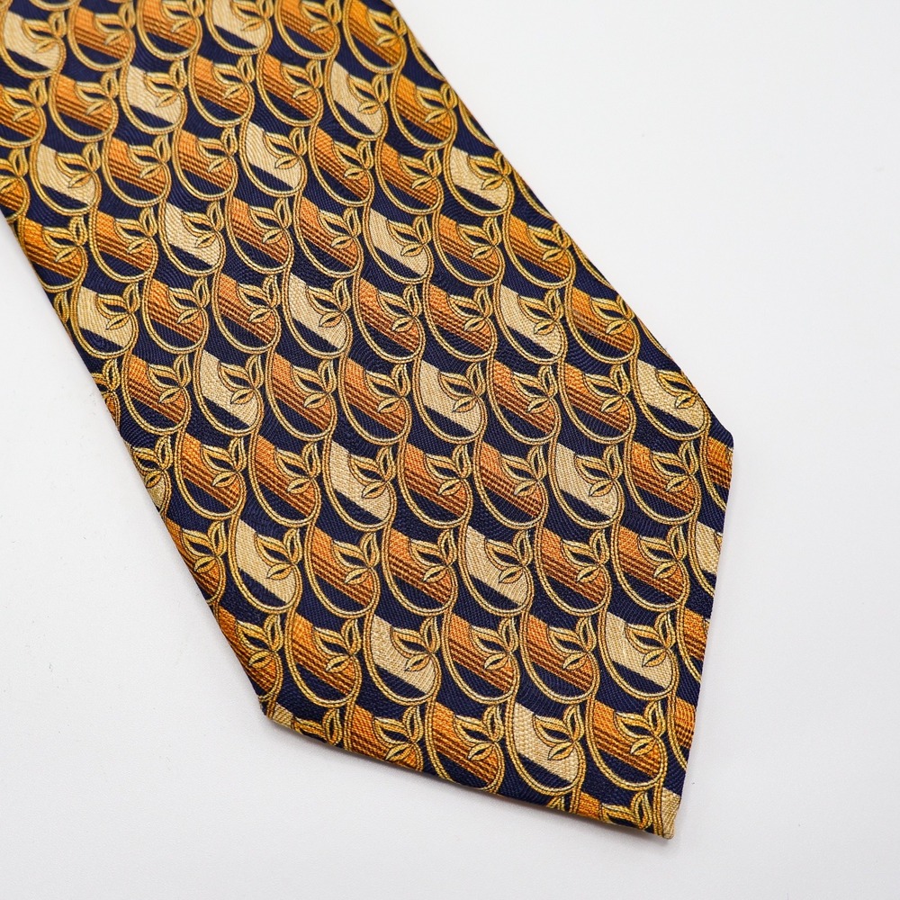 Ermenegildo Zegna Tie Mens 100% Silk Geometric Leaf Pattern Gold Blue Italy